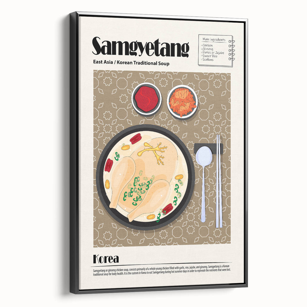 Black and white framed canvas featuring an array of vintage-styled food dishes, ideal for bedroom wall decor.