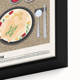Close-up of a framed canvas featuring an array of colorful food dishes on a textured black background.