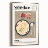 Framed canvas wall art featuring a vintage poster of various food dishes in black and gold, ideal for bedroom decor.