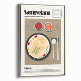 Framed canvas featuring a landscape art painting of colorful vintage food dishes on a black background.