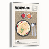 Vintage poster art of colorful food dishes on a white framed canvas, ideal for living room decor.