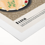 Art deco poster featuring an array of colorful food dishes on rolled canvas, suitable for dining room decor.