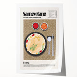 Rolled print featuring an array of illustrated food dishes in muted earth tones, ideal for art wall dining room placement.