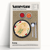 Black and white stretched canvas featuring an array of various food dishes, ideal for kitchen wall art.