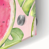 Large abstract wall art featuring assorted fruits in vibrant colors on acrylic glass, ideal for dining room decor.