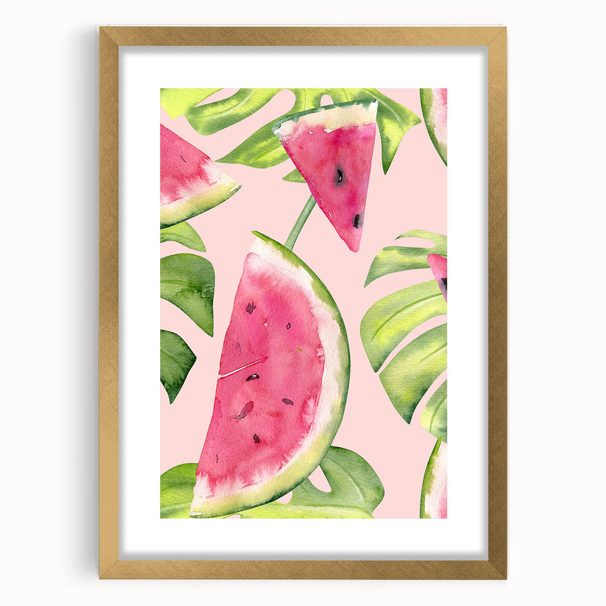Extra large abstract art print featuring textured fruits in vibrant colors on a gold-framed canvas.