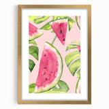 Extra large abstract art print featuring textured fruits in vibrant colors on a gold-framed canvas.