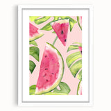 Abstract art print featuring an assortment of fruits in vibrant colors on a white framed mat, suitable for dining room decor.