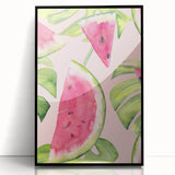 Large abstract wall art featuring vibrant fruit motifs in a mid-century modernist style, framed in black acrylic.