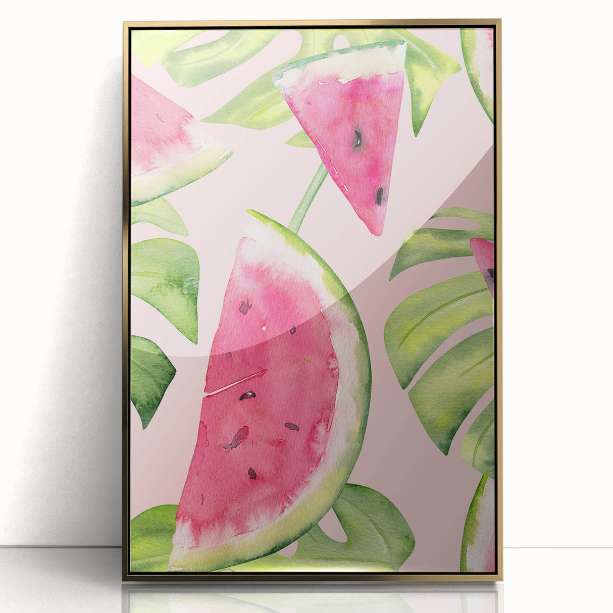 Mid-century modernist large art print of assorted fruits in vibrant colors on gold-framed acrylic.