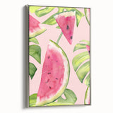 Framed canvas depicting vintage poster art of colorful fruits, set against a black background, ideal for kitchen wall decor.