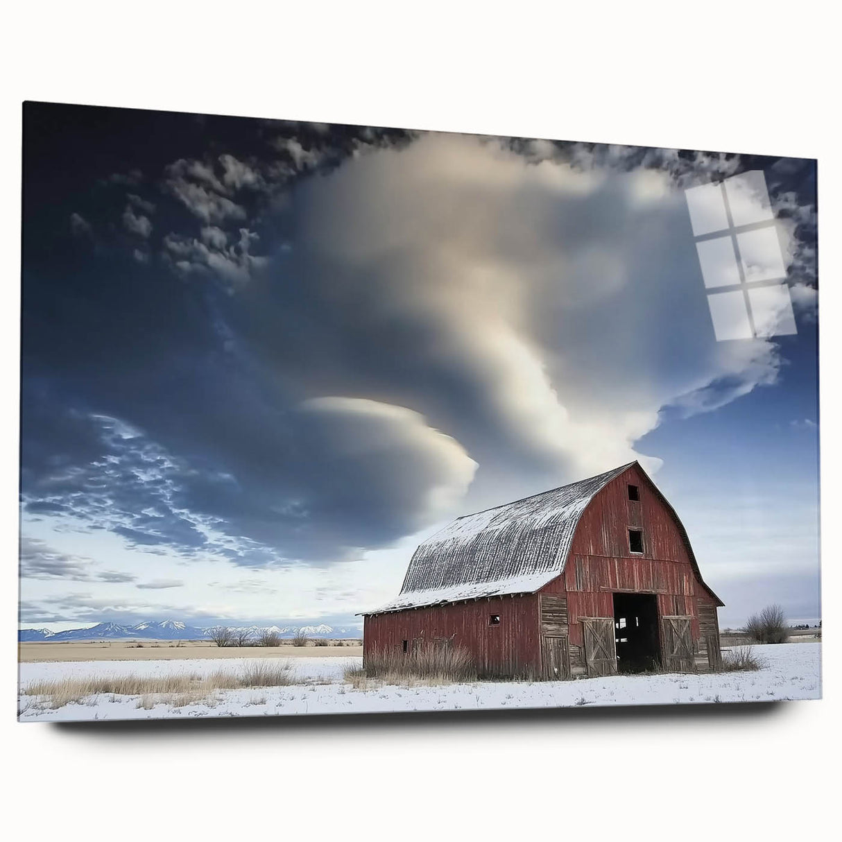 Landscape view of a modern barn design in acrylic glass, showcasing vibrant colors and detailed craftsmanship, ideal for home or office decor.