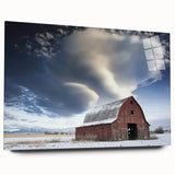 Landscape view of a modern barn design in acrylic glass, showcasing vibrant colors and detailed craftsmanship, ideal for home or office decor.