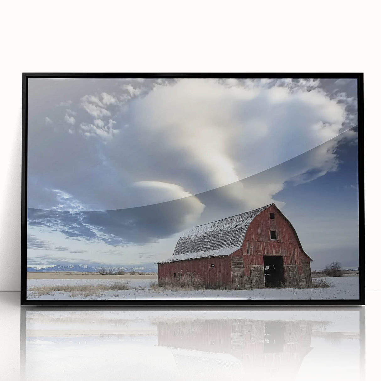 Framed acrylic wall art showcasing a vibrant landscape design with a rustic barn, featuring a black frame. Ideal for adding a country charm to home decor.