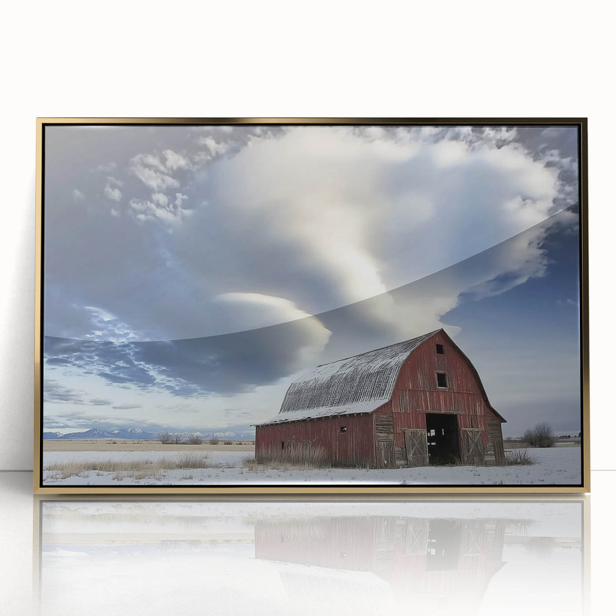 Elegant landscape barn framed in gold acrylic, showcasing a serene rural scene with vibrant colors, perfect for enhancing home decor and art collections.