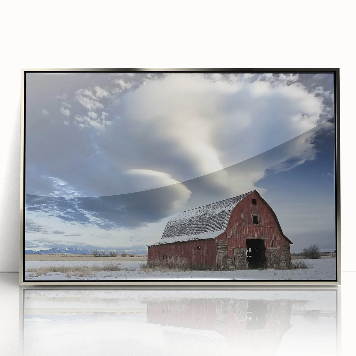Framed acrylic wall art featuring a silver barn landscape design, showcasing detailed textures and vibrant colors, perfect for modern home decor.