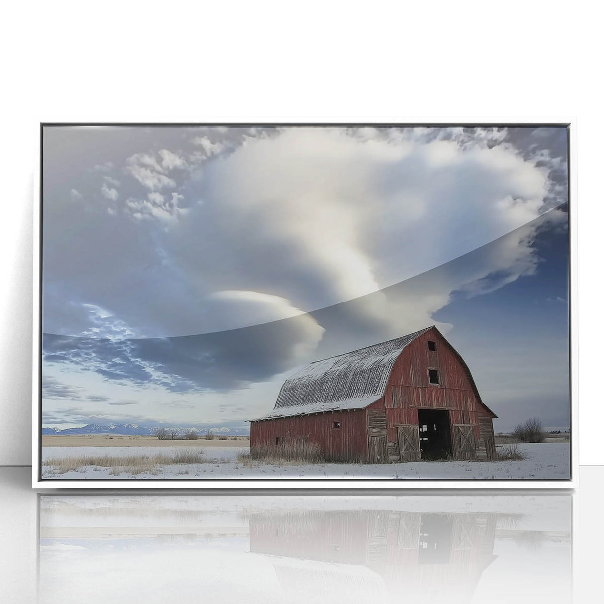 Framed acrylic print of a rustic barn landscape with white accents, showcasing vibrant colors and intricate details, ideal for home decor enthusiasts.