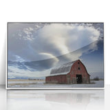 Framed acrylic print of a rustic barn landscape with white accents, showcasing vibrant colors and intricate details, ideal for home decor enthusiasts.