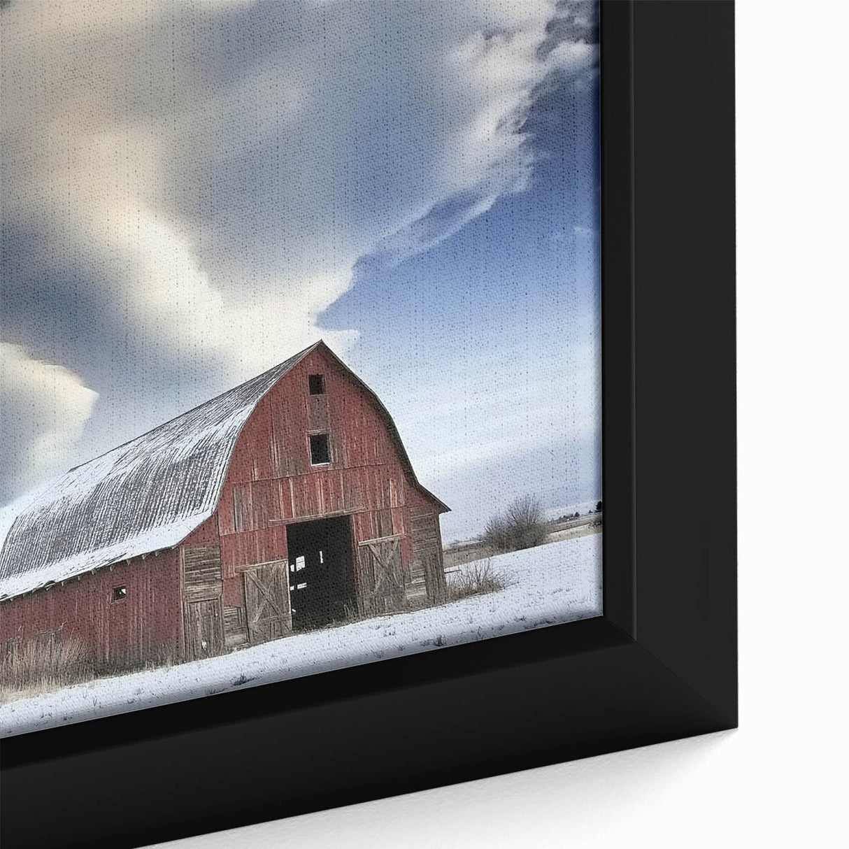 Close-up of a landscape barn-themed framed canvas, showcasing rich colors and intricate details, perfect for rustic home decor or farmhouse aesthetics.