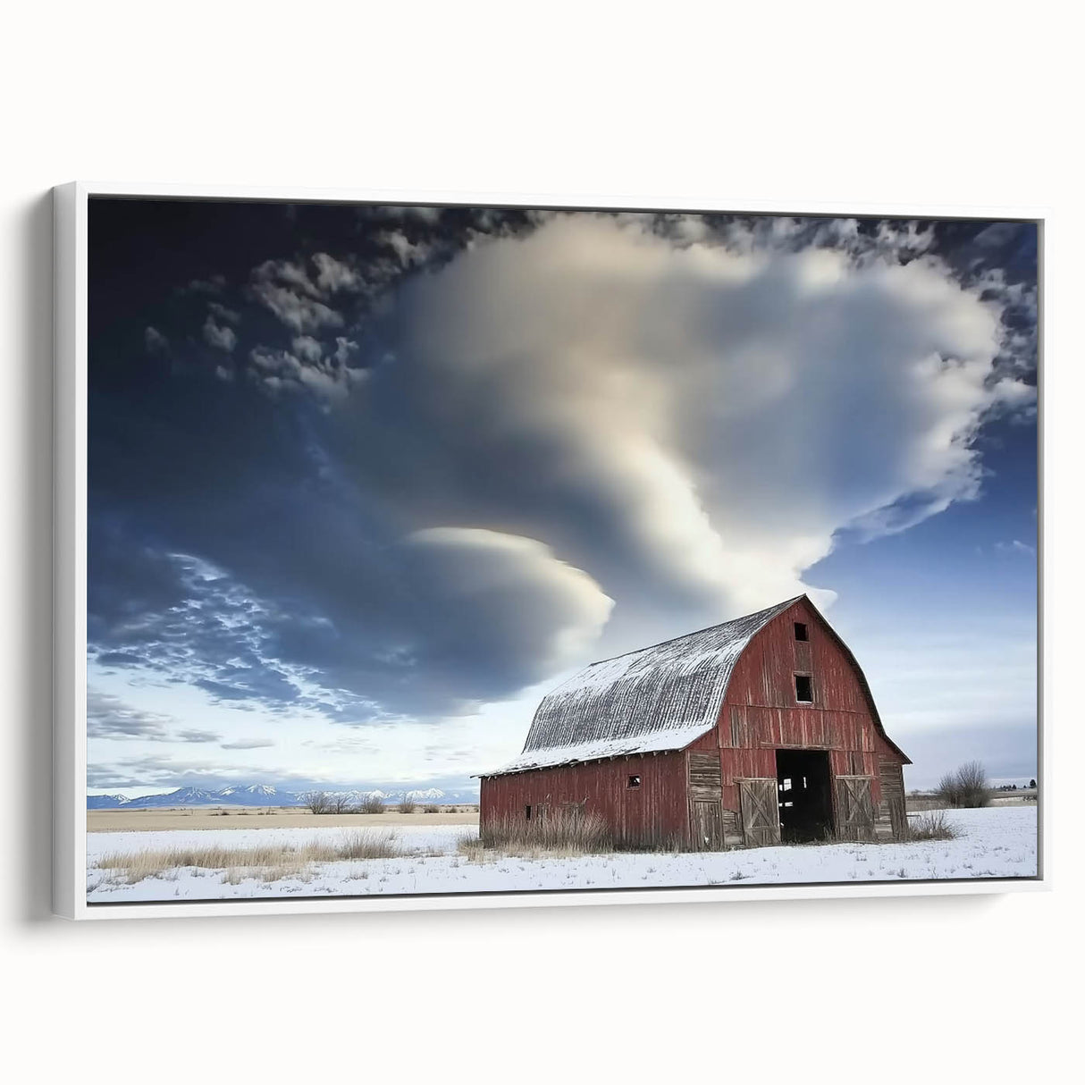 Landscape barn-framed canvas artwork showcasing a serene white side view, ideal for rustic home decor. Perfect for enhancing cozy living spaces with natural charm.