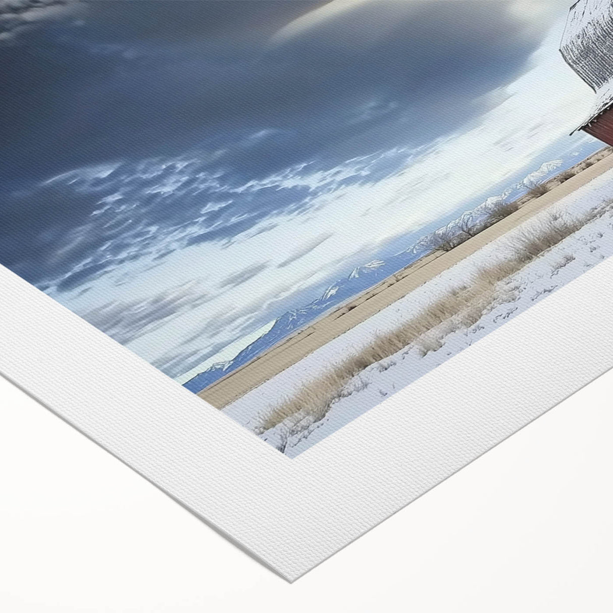 Rolled canvas showcasing a vibrant landscape barn design, featuring rich colors and intricate details, securely packaged in a durable cardboard tube for protection. Perfect for home decor enthusiasts.