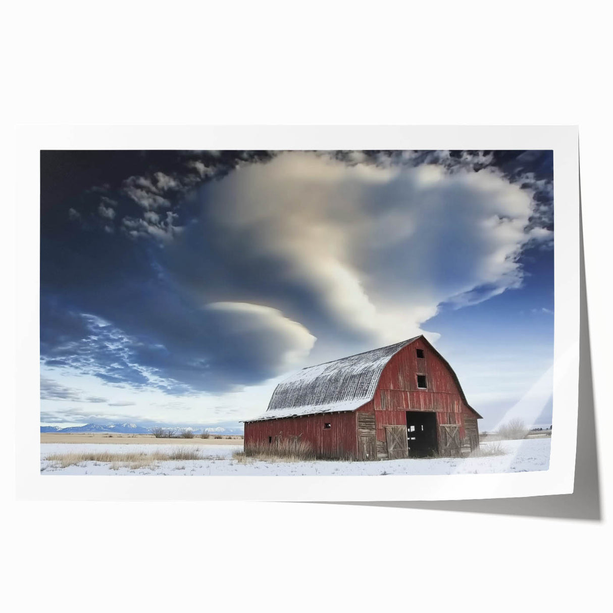 Rolled print showcasing a vibrant landscape barn scene with rich colors and detailed textures, securely packaged in a protective cardboard tube for delivery. Perfect for rustic home decor enthusiasts seeking unique wall art.
