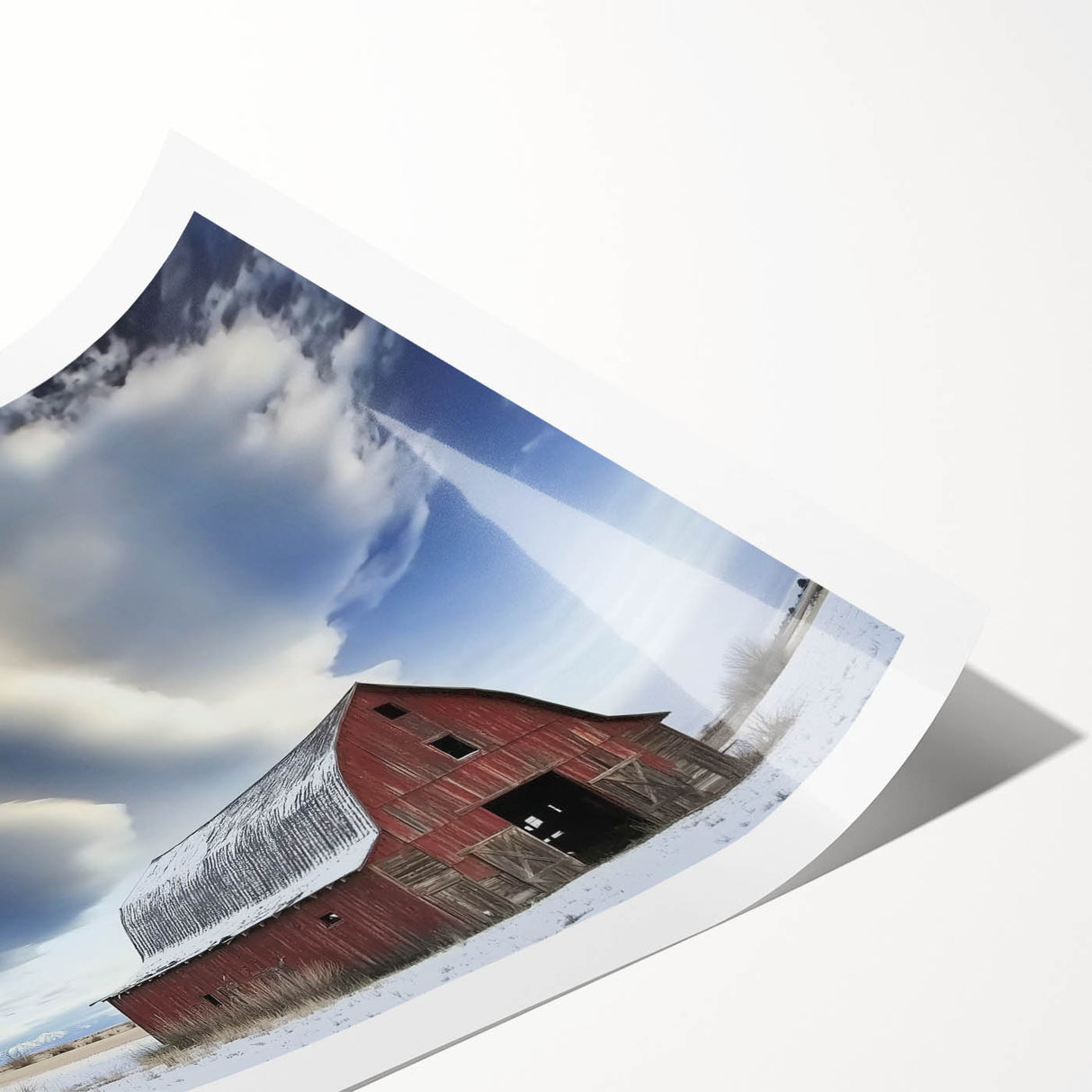 Rolled canvas print showcasing a vibrant landscape of a rustic barn, featuring earthy tones and intricate details, securely packaged in a protective cardboard tube for shipping.