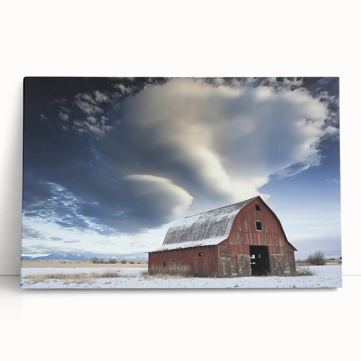 Stretched canvas artwork depicting a serene landscape with a rustic barn surrounded by lush greenery, perfect for home decor or gifting. Ideal for nature enthusiasts.