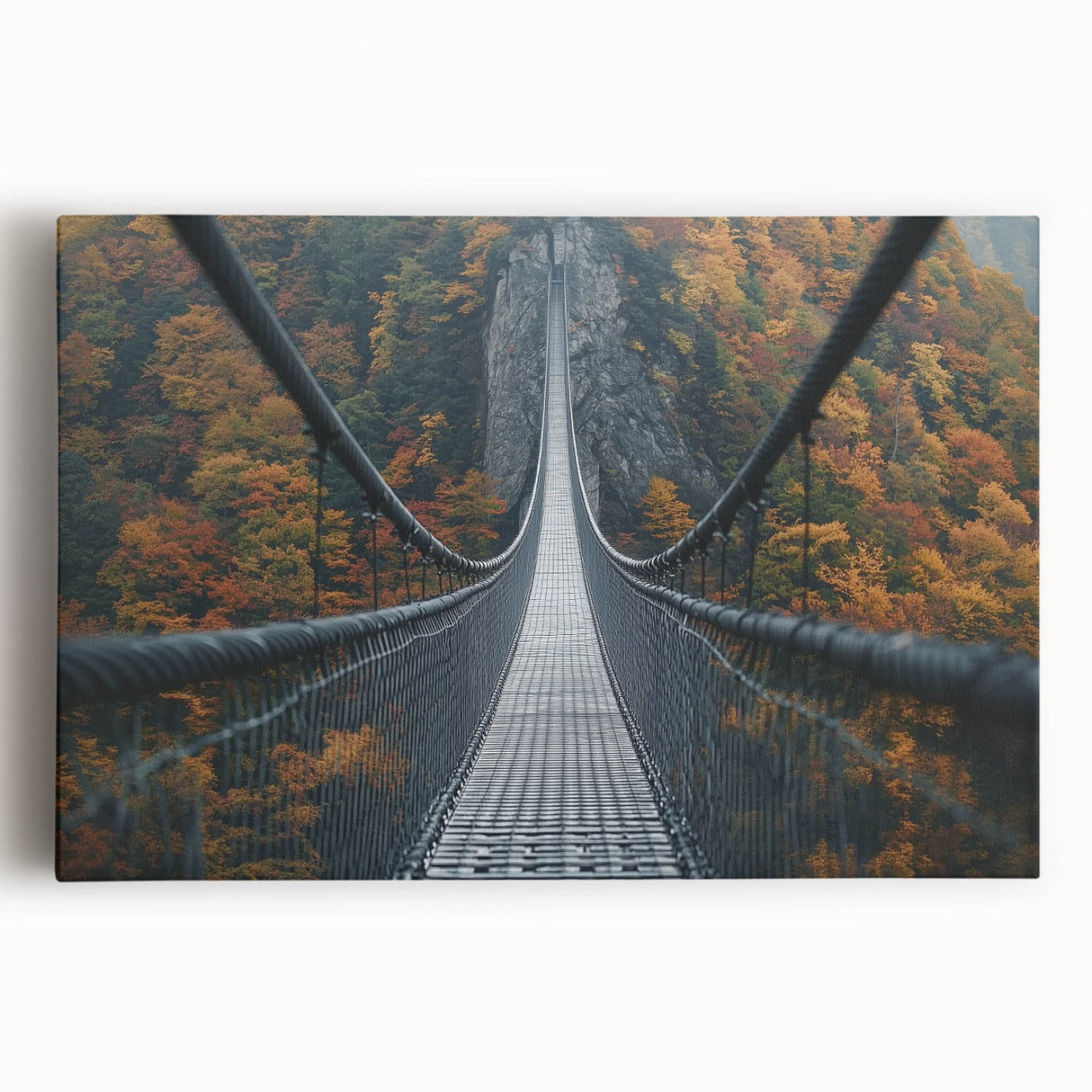 Stretched canvas artwork depicting a serene landscape with a picturesque bridge over a tranquil river, surrounded by lush greenery and blue skies, perfect for home decor.