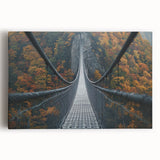 Stretched canvas artwork depicting a serene landscape with a picturesque bridge over a tranquil river, surrounded by lush greenery and blue skies, perfect for home decor.