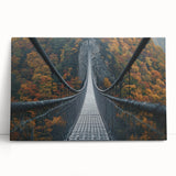 Landscape canvas print showcasing a serene bridge over a tranquil river, adorned with vibrant foliage in autumn hues. Ideal for home decor or art enthusiasts.