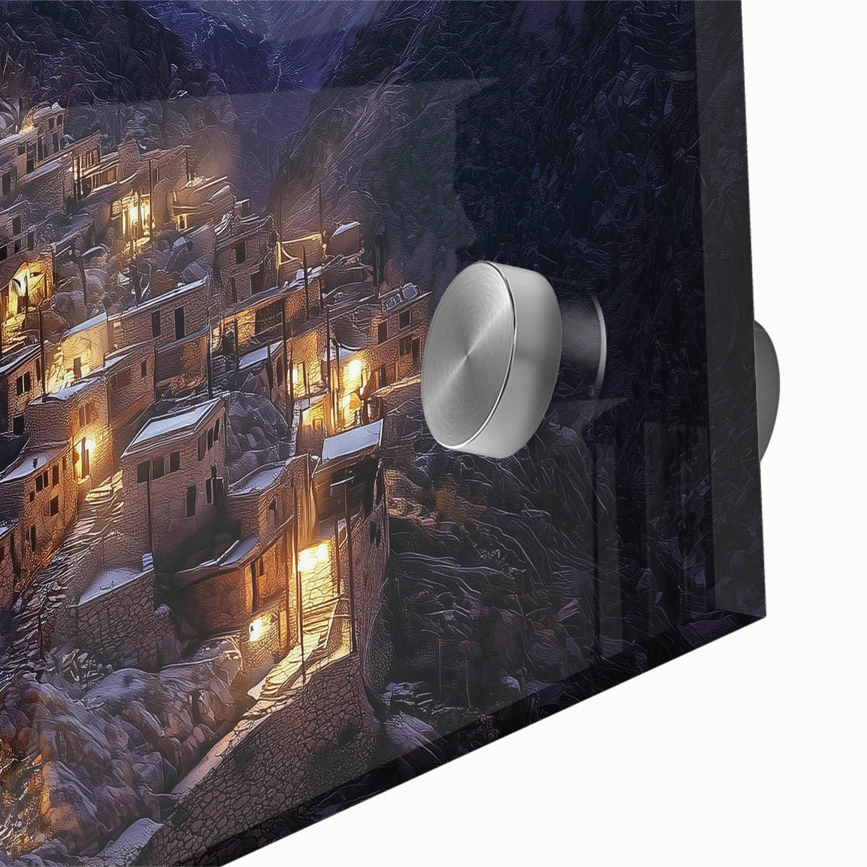 Close-up view of a vibrant acrylic glass artwork showcasing intricate canyon landscapes with rich colors and textures, perfect for modern decor.