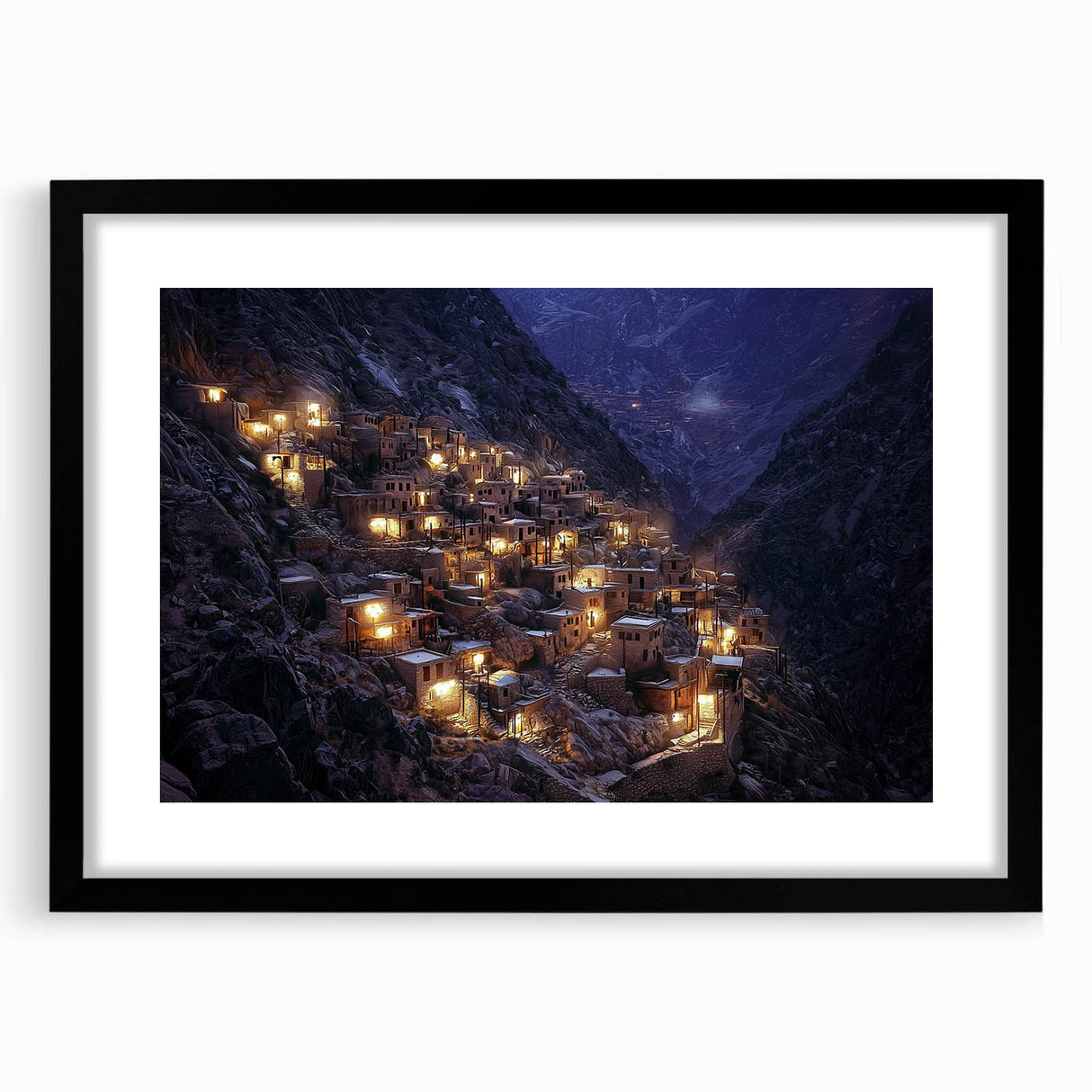 Framed landscape print showcasing vibrant canyons in rich earthy tones, encased in a sleek black mat, ideal for modern home decor. Perfect for nature enthusiasts.