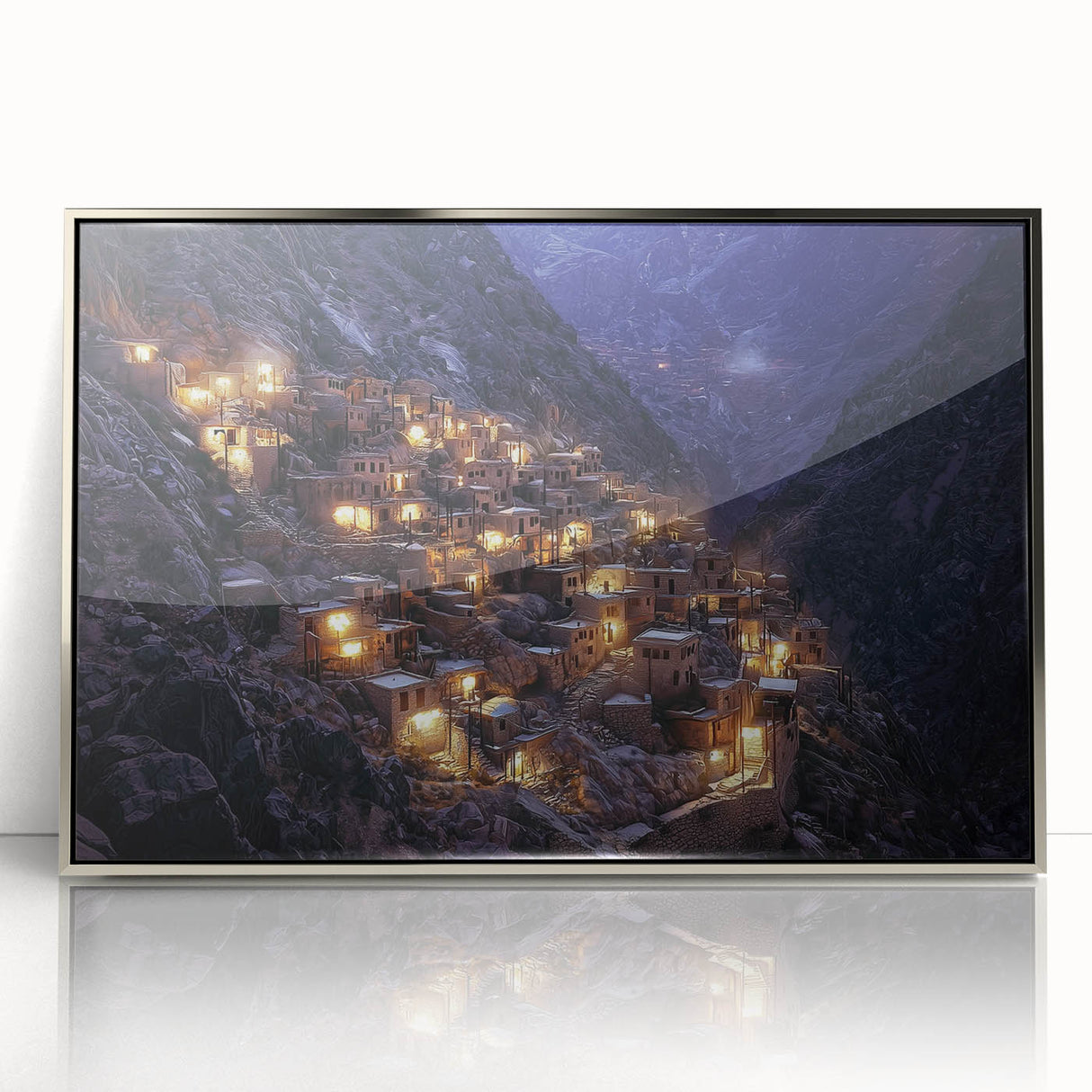 Framed acrylic artwork depicting expansive canyons under a clear blue sky, showcasing vibrant earth tones and intricate details, ideal for modern home decor.