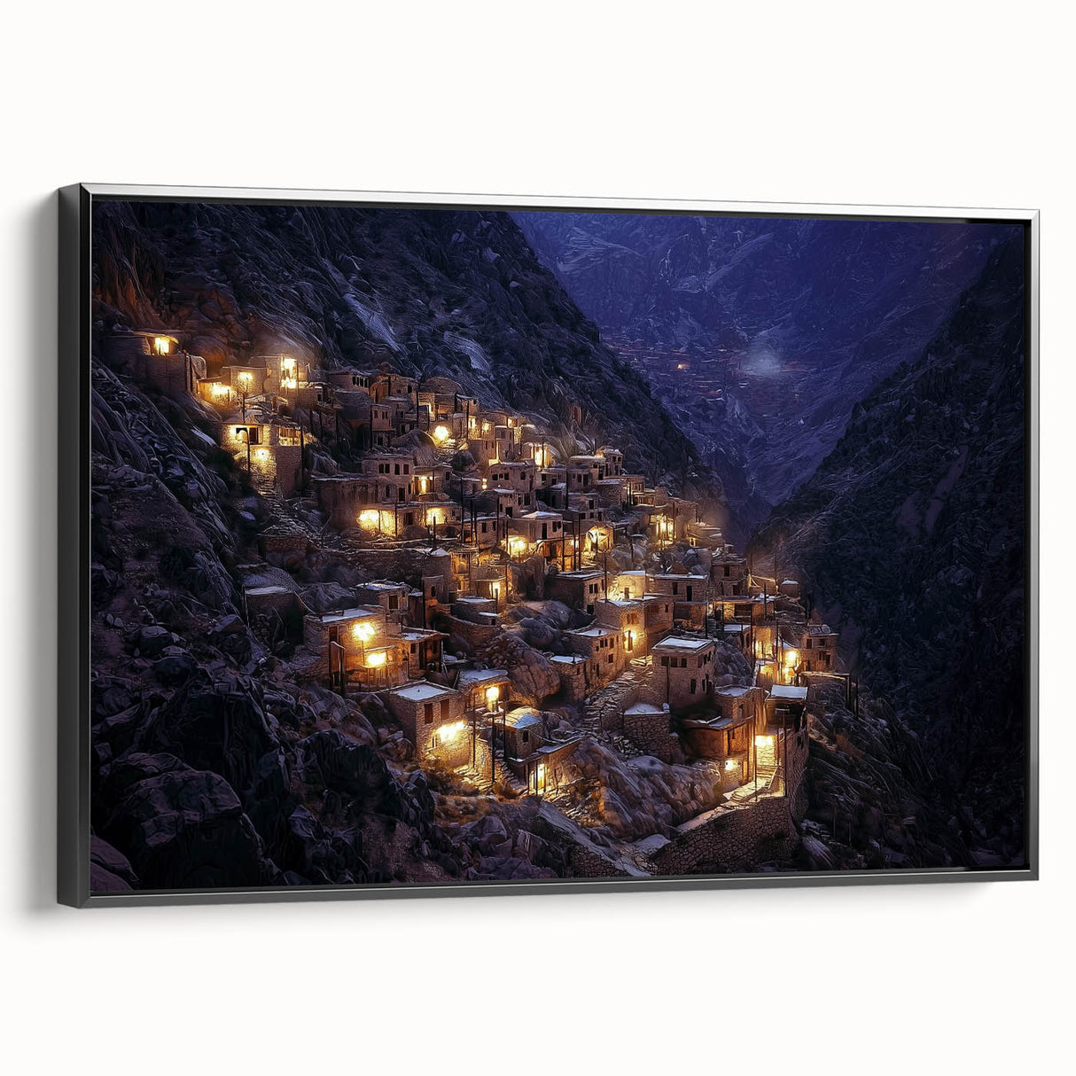 Framed canvas artwork depicting a stunning landscape of canyons in rich earthy tones, showcasing intricate details and textures, ideal for home decor.