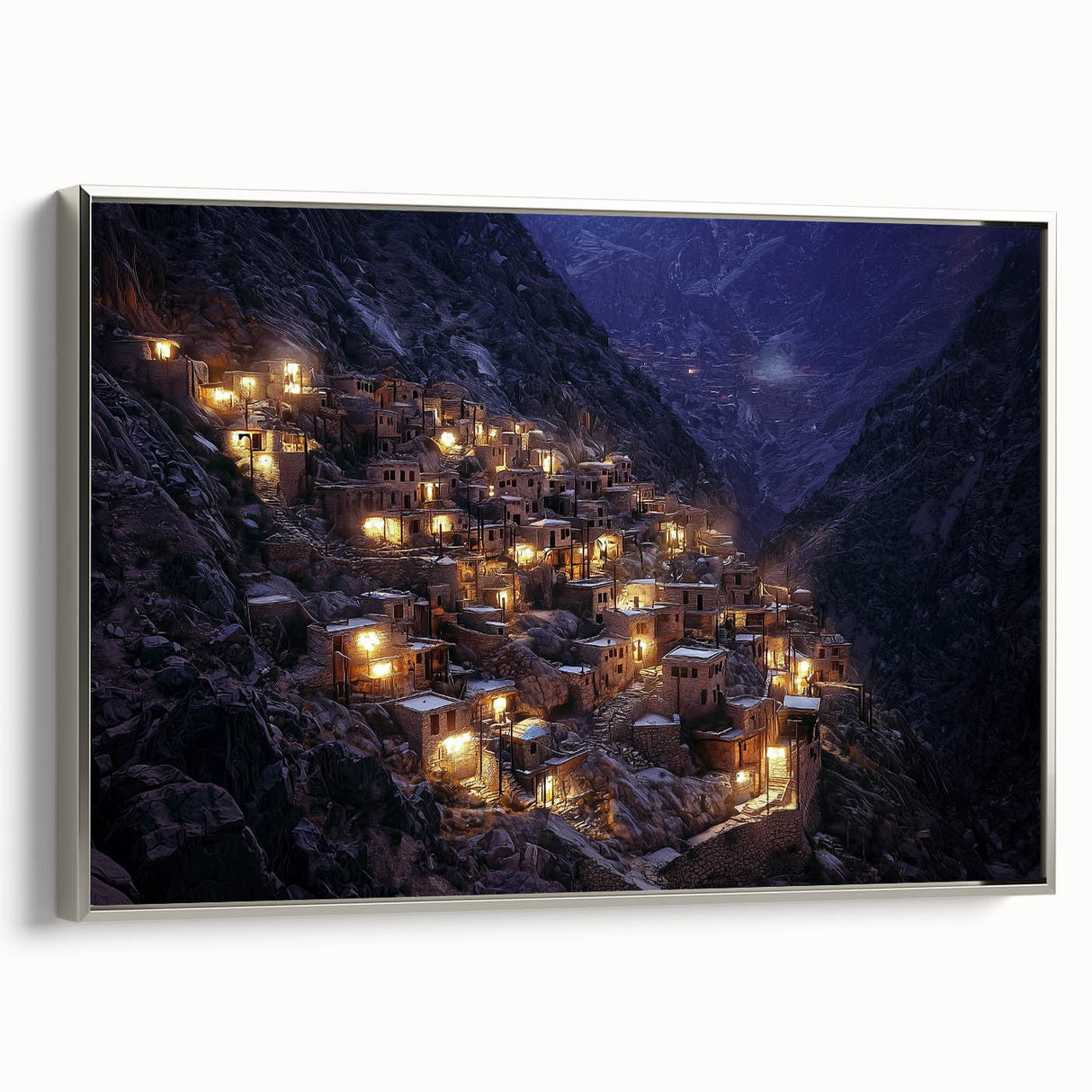Framed canvas artwork showcasing a stunning landscape of canyons in warm earth tones, with a sleek silver frame, perfect for modern home decor. Ideal for nature enthusiasts and art collectors seeking to enhance their living space with captivating visuals.