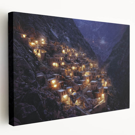 Stretched canvas artwork depicting a stunning landscape of canyons in warm earth tones. The side view highlights the intricate texture and depth of the painting, perfect for enhancing home decor with a natural aesthetic.