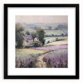 Framed landscape wall art depicting a serene countryside scene, featuring lush greenery and a blue sky, enclosed in a sleek black frame with a white mat. Perfect for enhancing home decor.