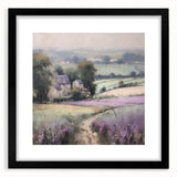 Framed landscape wall art depicting a serene countryside scene, featuring lush greenery and a blue sky, enclosed in a sleek black frame with a white mat. Perfect for enhancing home decor.