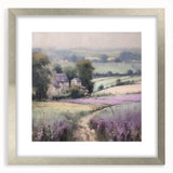 Framed landscape wall art depicting a serene countryside scene, featuring vibrant colors and a stylish silver mat border, perfect for home decor enhancement.