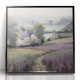 Framed wall art showcasing a serene landscape of rolling countryside with lush greenery and a clear blue sky, presented in a sleek black frame for modern decor.
