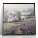 Framed wall art showcasing a serene landscape of rolling countryside with lush greenery and a clear blue sky, presented in a sleek black frame for modern decor.