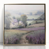 Framed acrylic wall art featuring a serene countryside landscape with lush greenery and golden accents, ideal for enhancing home decor.