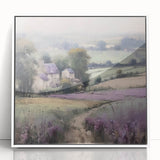 Framed acrylic wall art depicting a serene countryside landscape with rolling hills, vibrant green fields, and a clear blue sky, showcased in a sleek white frame.