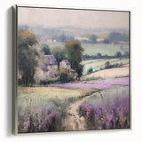 Framed landscape wall art showcasing serene countryside scenery in vibrant colors, featuring a sleek silver frame that enhances the artwork's elegance. Perfect for home decor.