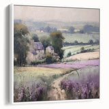 Framed canvas wall art depicting a serene countryside landscape with lush green fields, rolling hills, and a vibrant blue sky, ideal for home decor.