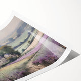 Landscape wall art print showcasing a serene countryside scene with lush green fields and a vibrant blue sky, rolled and ready for framing. The artwork captures the essence of nature's tranquility, perfect for home decor.