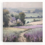 Stretched canvas wall art depicting a serene countryside landscape with vibrant green fields, a clear blue sky, and distant hills, perfect for home decor.