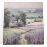 Stretched canvas wall art depicting a serene countryside landscape with lush green fields, vibrant yellow flowers, and a clear blue sky, perfect for home decor.