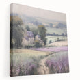 Stretched canvas wall art depicting a serene countryside landscape, showcasing lush green fields, rolling hills, and a vibrant blue sky. Perfect for home decor.